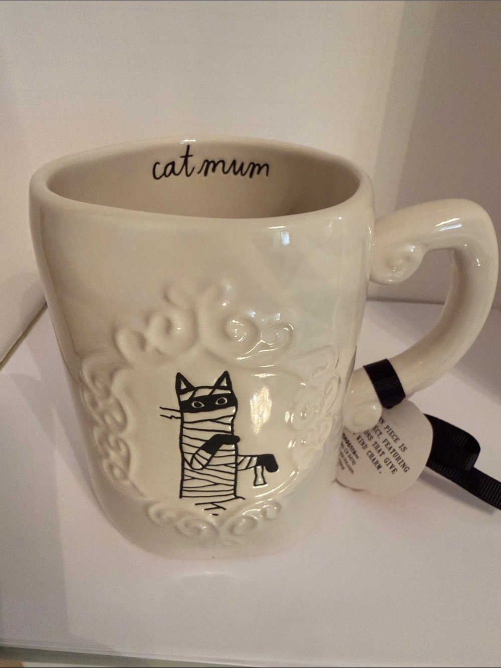 Rae Dunn Cream Cat Mum Halloween Mug with Black Cat Design Cat Mom